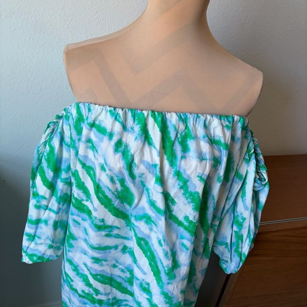 London Label Green White Off Shoulder Midi Dress Size 10 Tropical Resort Vacatio - Picture 9 of 9